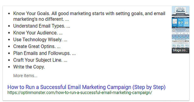 use of keywords in a featured snippet