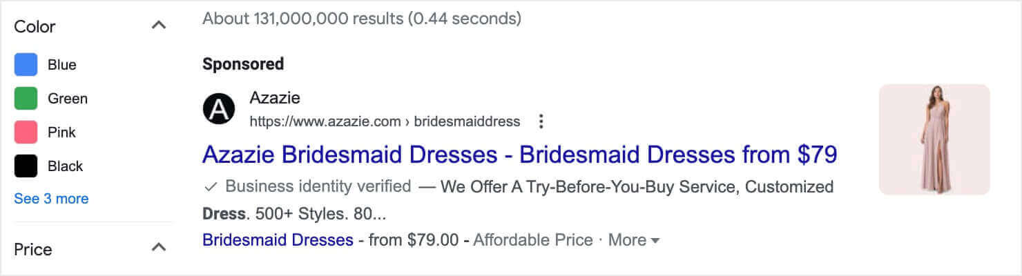 Sponsored Google search result showing a listing for Azazie Bridesmaid Dresses. The ad mentions that the business is verified and highlights their 'Try-Before-You-Buy' service, with bridesmaid dresses starting at $79. The ad also includes an image of a woman wearing a long, blush-colored bridesmaid dress