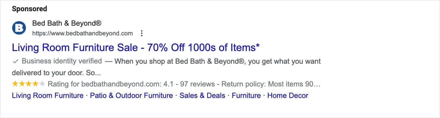 google-ad-bed-bath-and-beyond - OptinMonster Sponsored Google search ad from Bed Bath & Beyond. The heading says "Living Room Furniture Sale - 70% Off 1000s of Items*"