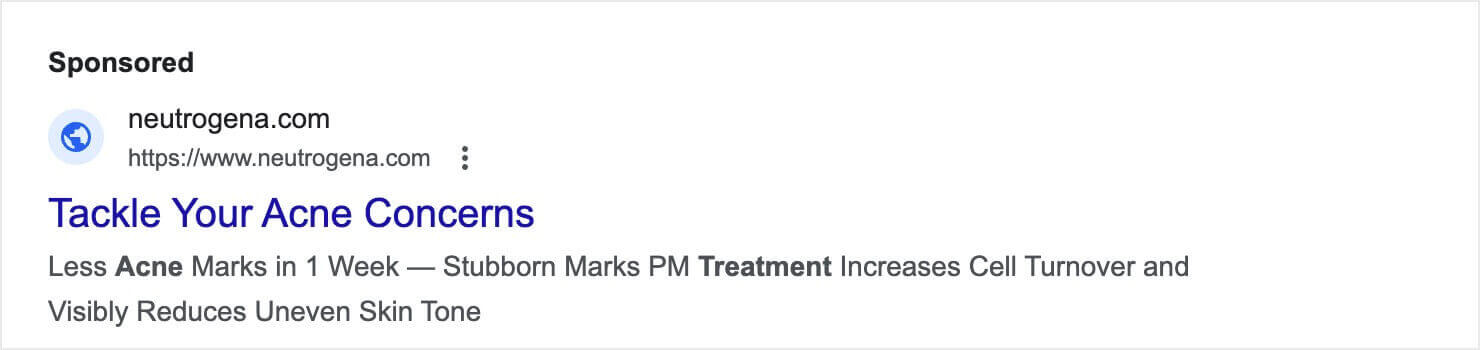 Google search ad for Neutrogena showcasing their acne treatment products. The ad headline reads 'Tackle Your Acne Concerns' with a subtext about reducing acne marks and uneven skin tone in 1 week.