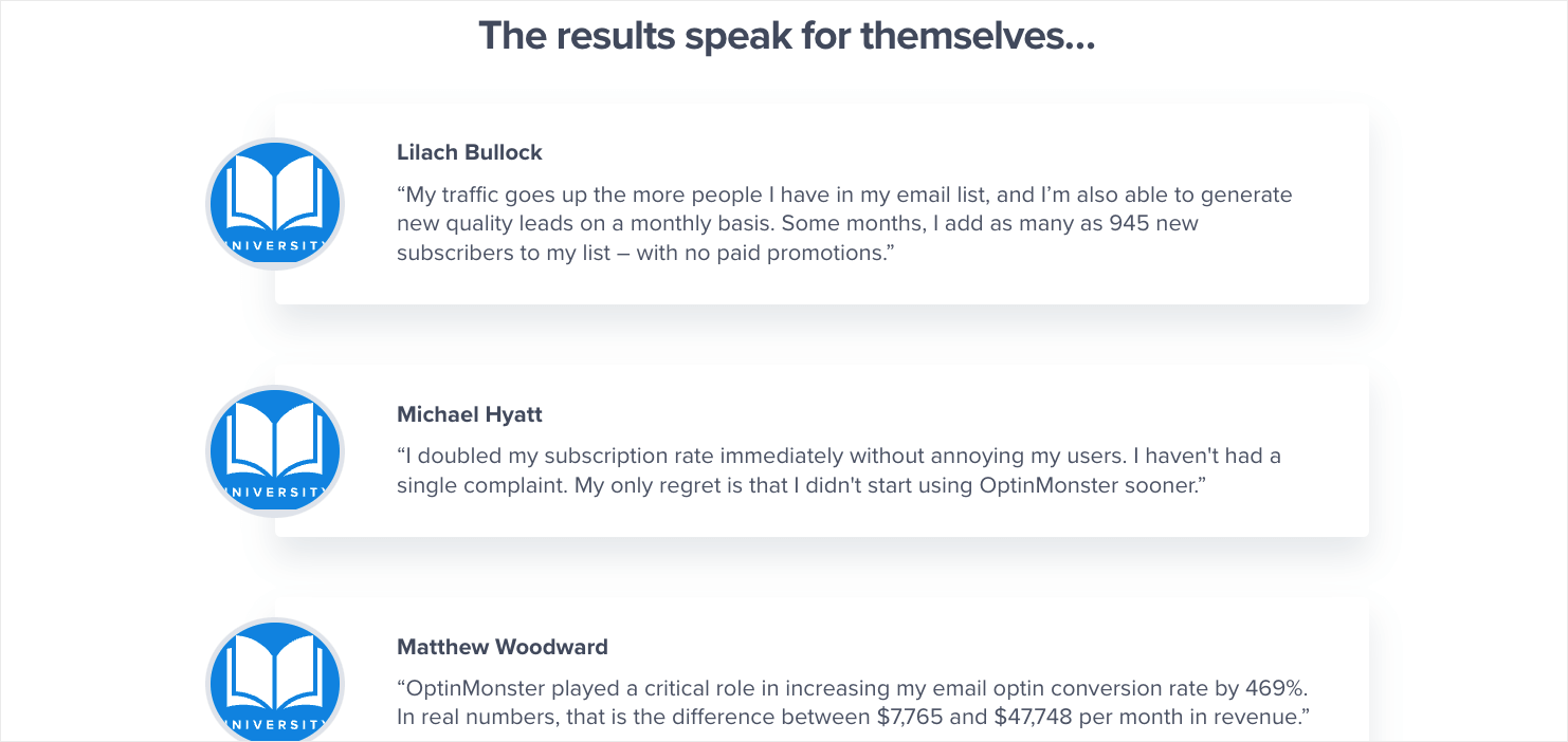 Testimonials on OptinMonster University sales page te